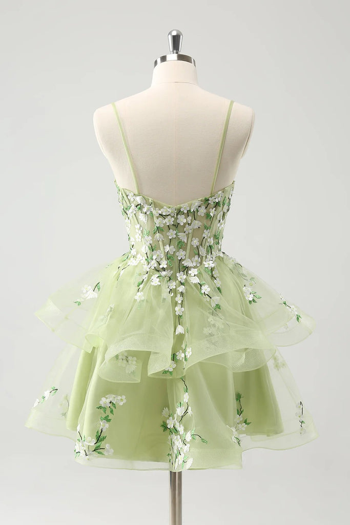 A Line Light Green Corset Short Homecoming Dress with 3D Flowers-Pgmdress