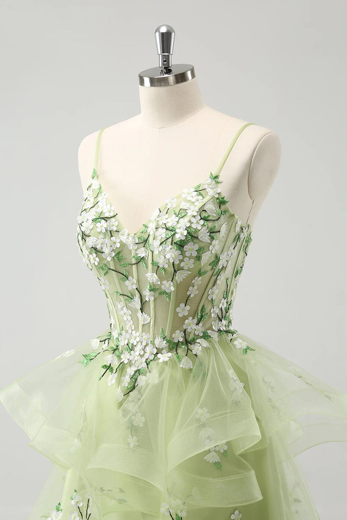 A Line Light Green Corset Short Homecoming Dress with 3D Flowers-Pgmdress