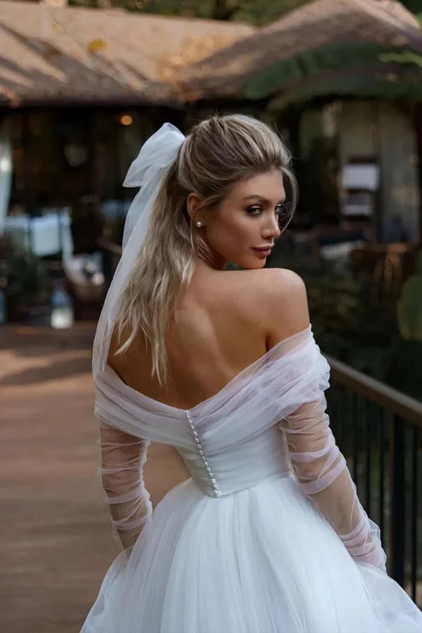 A Line Off The Shoulder White Tulle Beach Wedding Dress WD773-Pgmdress