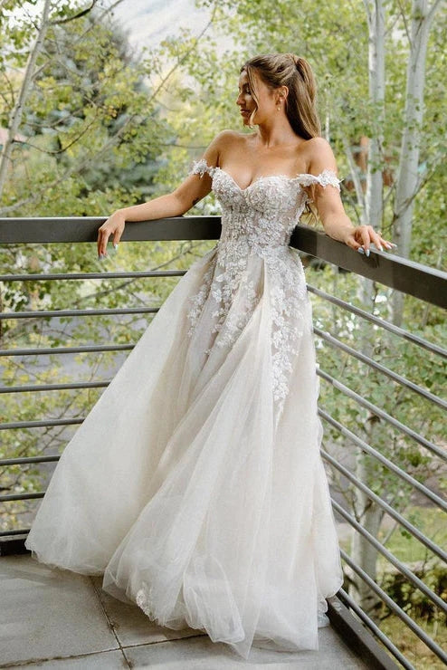 A Line Off Shoulder Appliques Bohemian Wedding Dress Bridal Gown US2 / White A Line Off Shoulder Appliques Bohemian Wedding Dress Bridal Gown US2 / White
