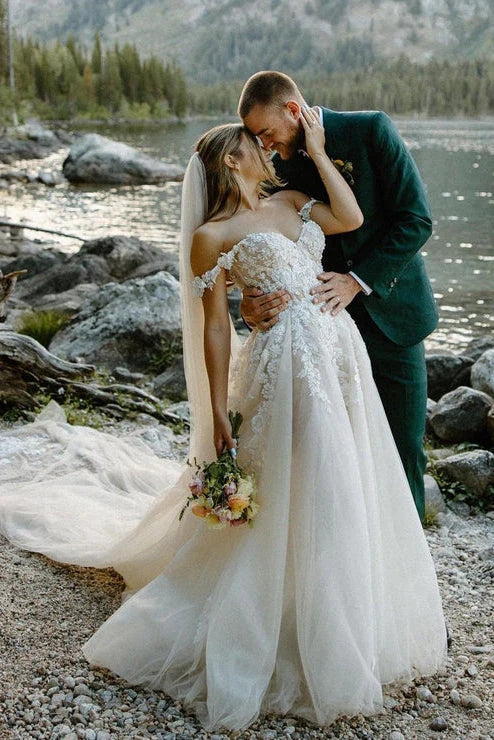 A Line Off the Shoulder Appliques Bohemian Wedding Dresses Bridal Gown WD674-Pgmdress