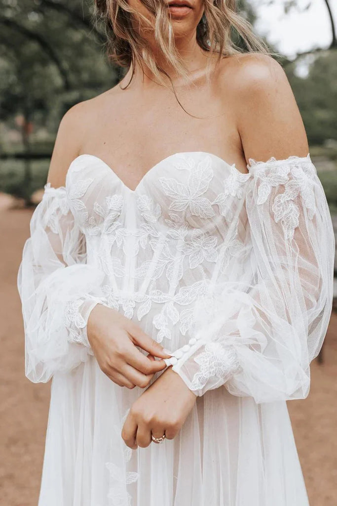 A Line Off the Shoulder Tulle Long Sleeves Fairy Wedding Dress-Pgmdress