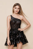 A Line One Shoulder Tiered Lace Black Short Homecoming Dress-Pgmdress