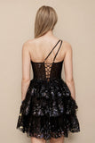 A Line One Shoulder Tiered Lace Black Short Homecoming Dress-Pgmdress