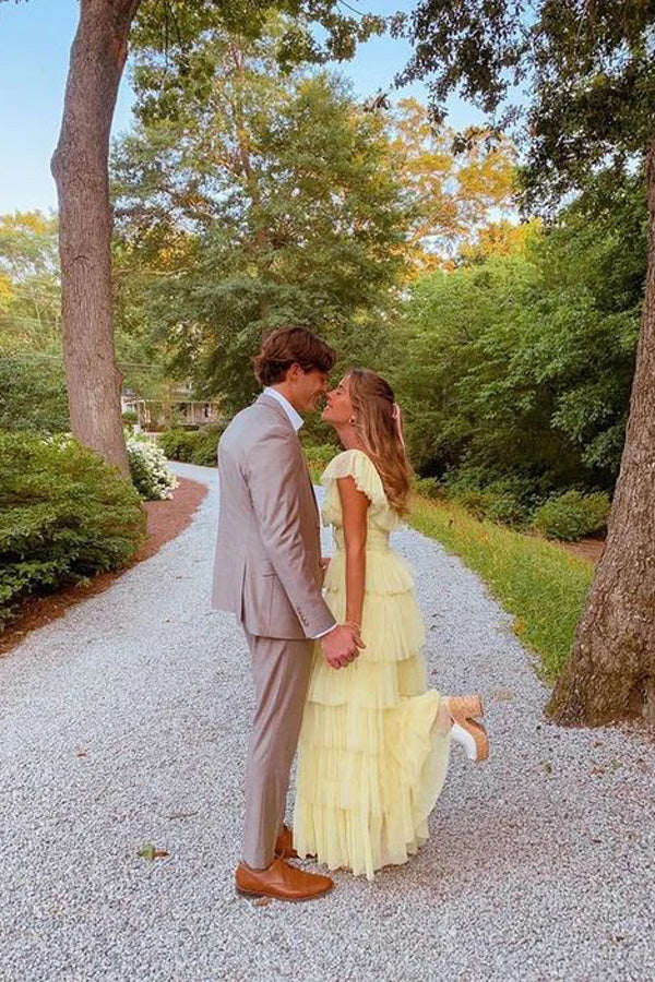A Line Princess Tulle Layered Yellow Long Prom Dress PSK598-Pgmdress