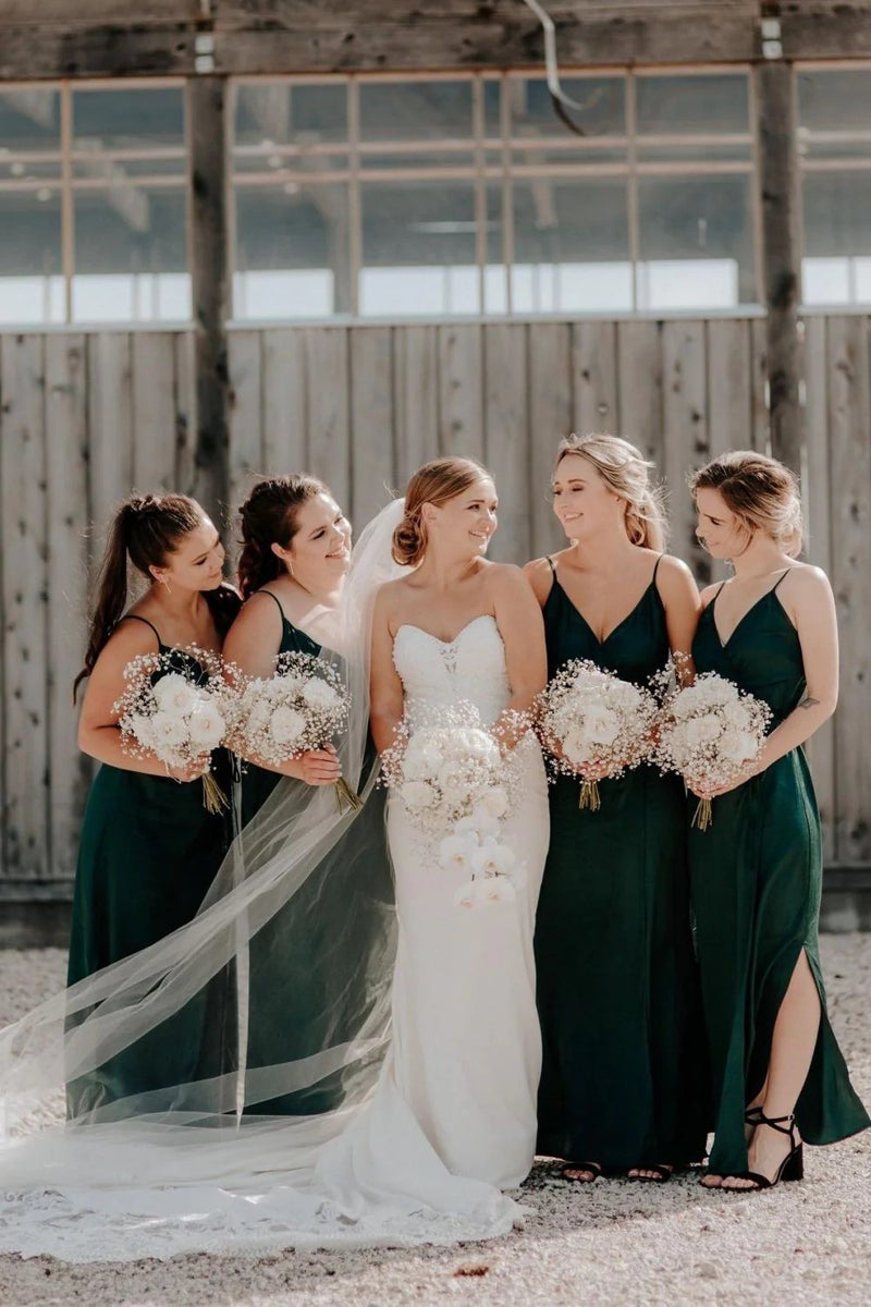 A Line Spaghetti Straps Green Long Bridesmaid Dress with Split BD152-Pgmdress