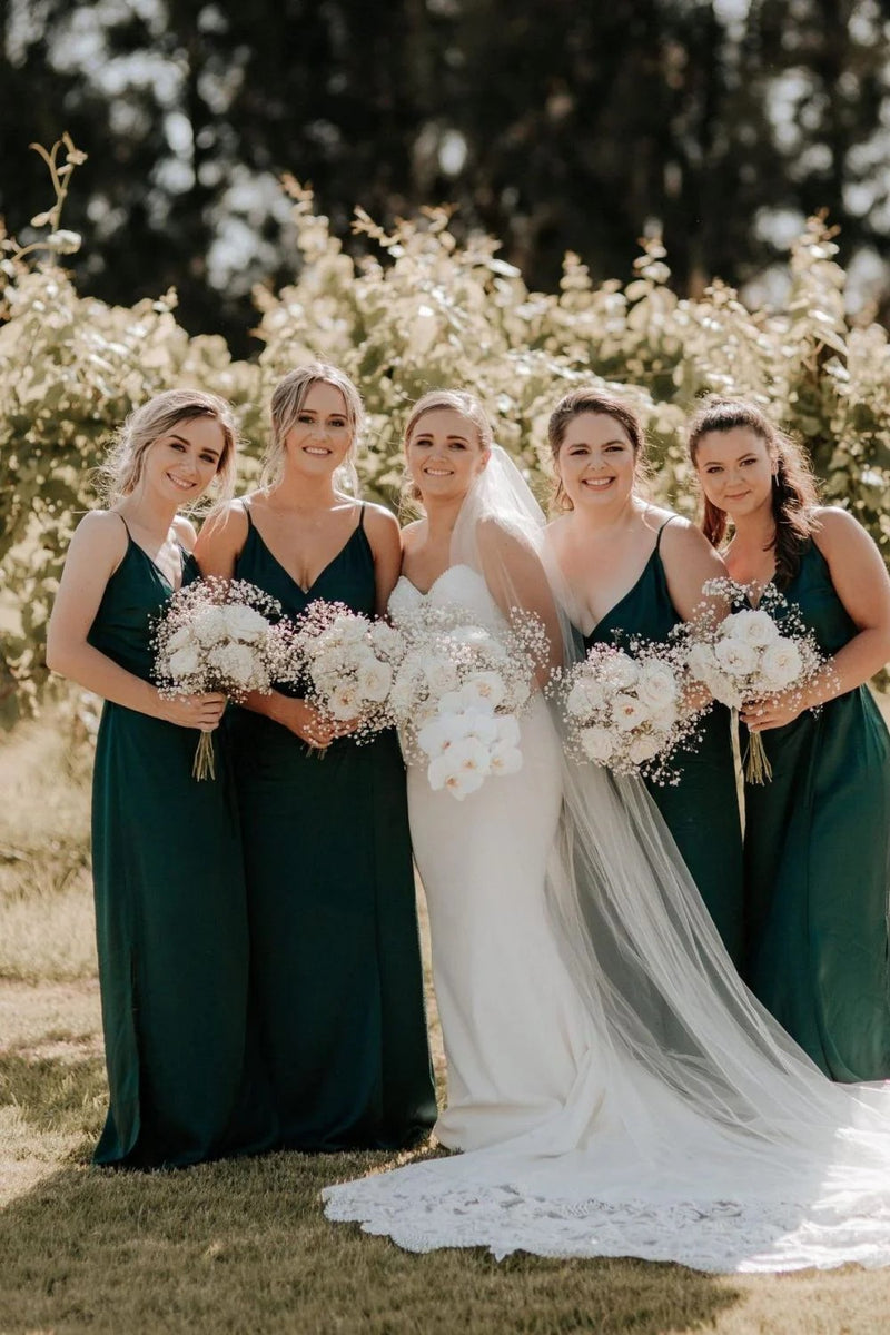 A Line Spaghetti Straps Green Long Bridesmaid Dress with Split BD152-Pgmdress