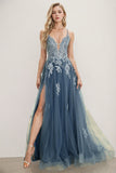 A Line Spaghetti Straps Grey Blue Long Prom Dress With Split
