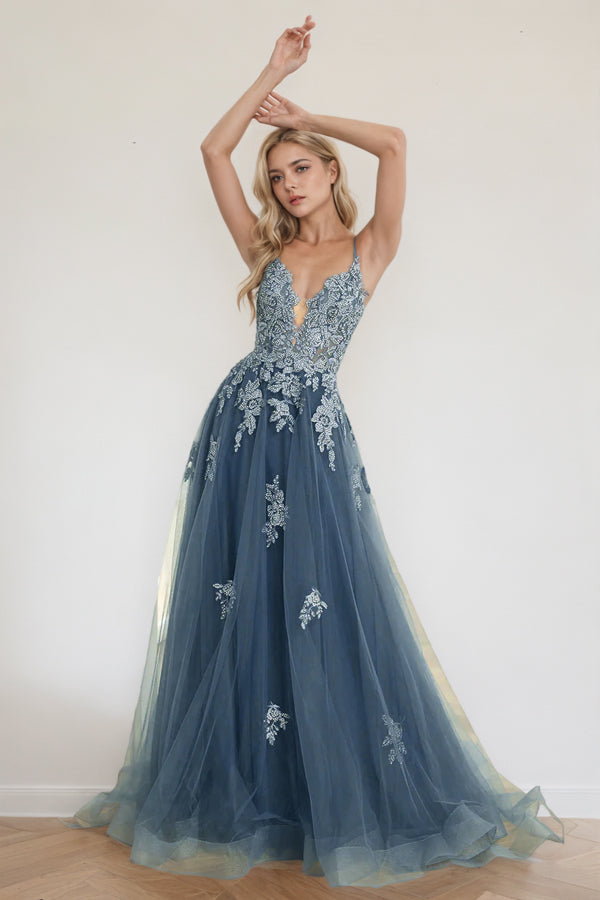A Line Spaghetti Straps Grey Blue Long Prom Dress With Split