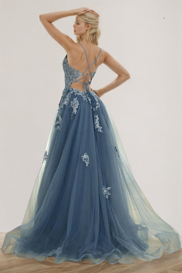 A Line Spaghetti Straps Grey Blue Long Prom Dress With Split
