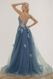 A Line Spaghetti Straps Grey Blue Long Prom Dress With Split