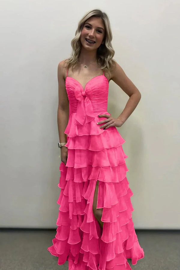 A Line Spaghetti Straps Ruffles Yellow Prom Dress with Flower PSK706-Pgmdress