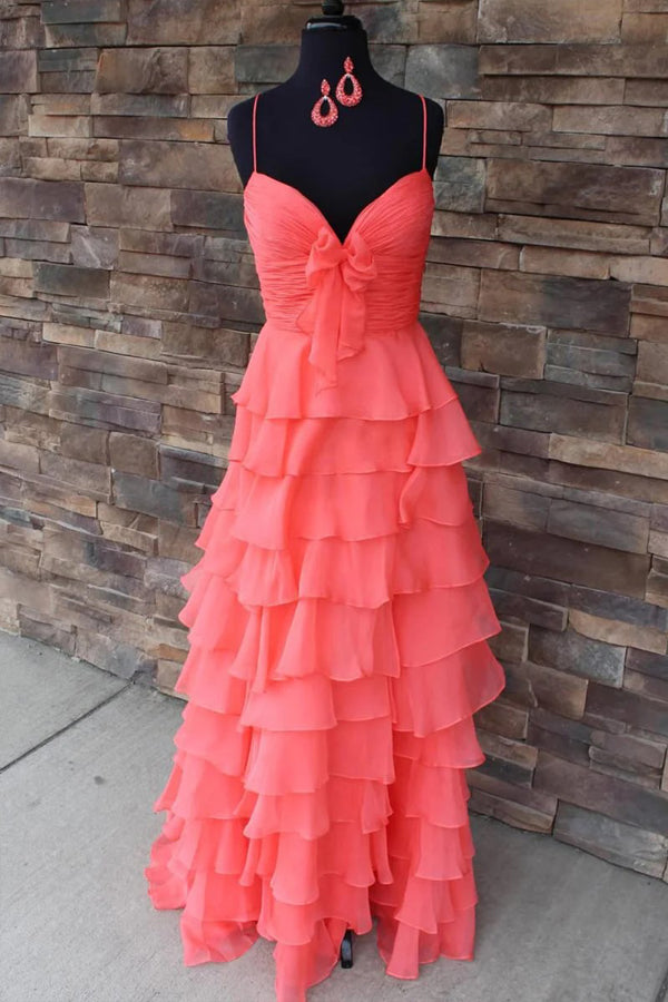 A Line Spaghetti Straps Ruffles Yellow Prom Dress with Flower PSK706-Pgmdress