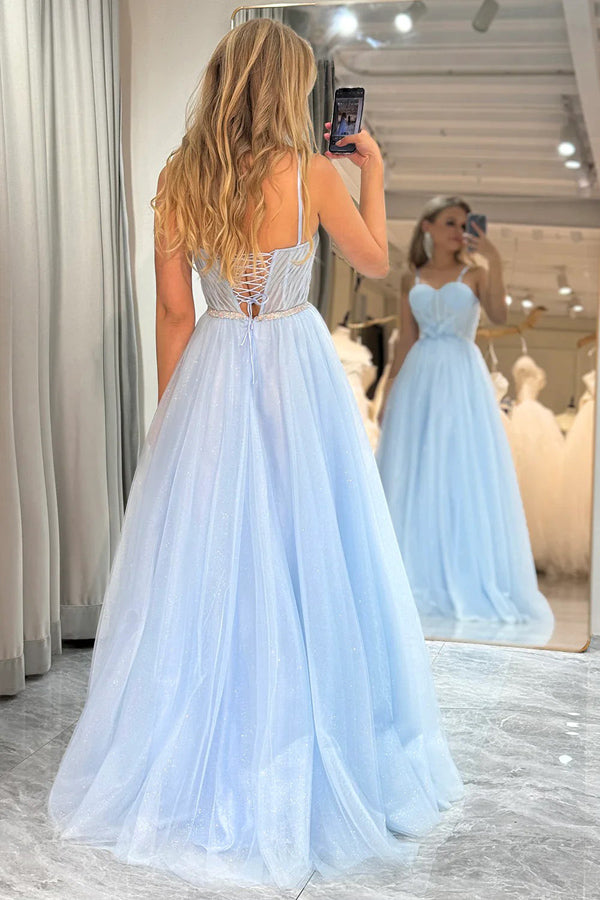 A Line Spaghetti Straps Tulle Blue Sparkly Prom Dress PSK473-Pgmdress