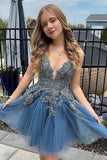 Robe de soirée courte en tulle à bretelles spaghetti en ligne A, gris et bleu PD527