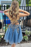 A Line Spaghetti Straps Tulle Short Grey Blue Homecoming Dress PD527-Pgmdress