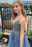 A Line Spaghetti Straps Tulle Short Grey Blue Homecoming Dress PD527-Pgmdress