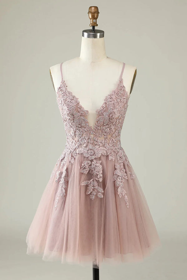 A Line Spaghetti Straps Tulle Short Grey Blue Homecoming Dress PD527-Pgmdress