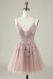 A Line Spaghetti Straps Tulle Short Grey Blue Homecoming Dress PD527-Pgmdress