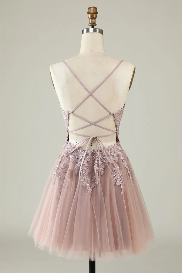 A Line Spaghetti Straps Tulle Short Grey Blue Homecoming Dress PD527-Pgmdress