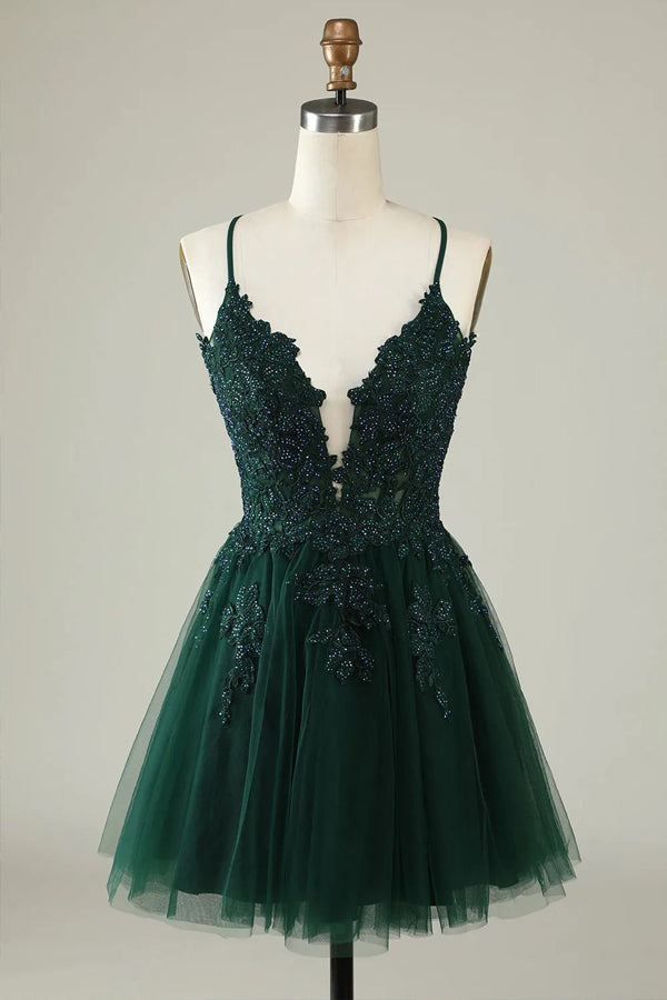 A Line Spaghetti Straps Tulle Short Grey Blue Homecoming Dress PD527-Pgmdress