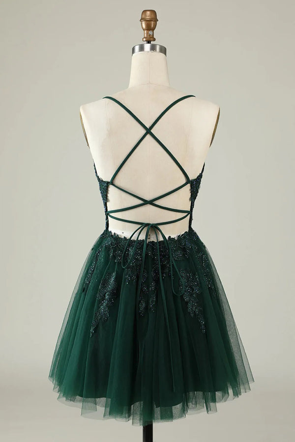 A Line Spaghetti Straps Tulle Short Grey Blue Homecoming Dress PD527-Pgmdress