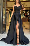 A Line Strapless Satin Black Prom Dress Party Dress With Slit  PSK720-Pgmdress