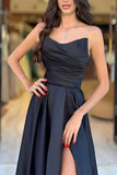 A Line Strapless Satin Black Prom Dress Party Dress With Slit  PSK720-Pgmdress