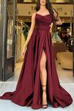 A Line Strapless Satin Black Prom Dress Party Dress With Slit  PSK720-Pgmdress