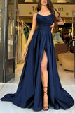 A Line Strapless Satin Black Prom Dress Party Dress With Slit  PSK720-Pgmdress