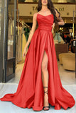A Line Strapless Satin Black Prom Dress Party Dress With Slit  PSK720-Pgmdress