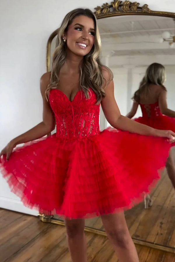 A Line Strapless Tulle Pink Homecoming Dress with Beading PD572 US12 / Red A Line Strapless Tulle Pink Homecoming Dress with Beading PD572 US12 / Red