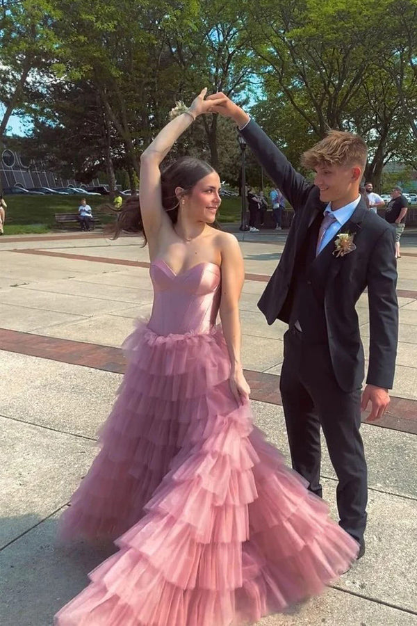 A Line Sweetheart Layered Tulle Rose Pink Long Prom Dress PSK600-Pgmdress
