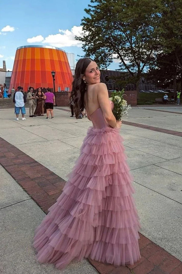 A Line Sweetheart Layered Tulle Rose Pink Long Prom Dress PSK600-Pgmdress