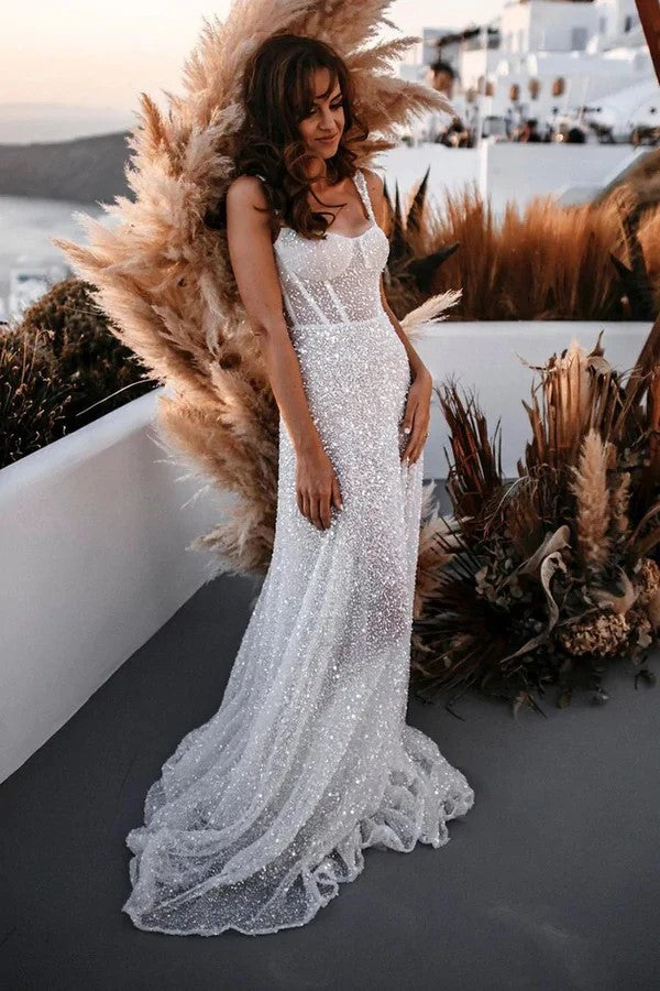 A Line Sweetheart Sparkly Sequins Beach Wedding Dress WD739-Pgmdress