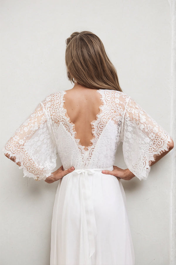 A Line V Neck Lace Short Sleeve Boho Wedding Dress Beach Bridal Gown-Pgmdress