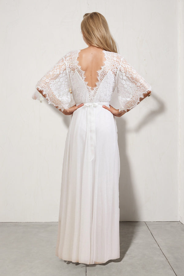 A Line V Neck Lace Short Sleeve Boho Wedding Dress Beach Bridal Gown-Pgmdress