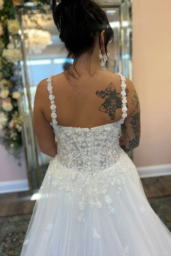 A Line V Neck Tulle Boho Wedding Dress with Appliques WD758-Pgmdress