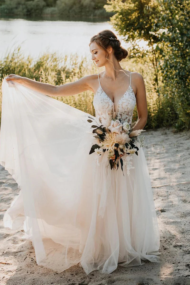 A Line V Neck Tulle Fairy Long Wedding Dress With Backless-Pgmdress