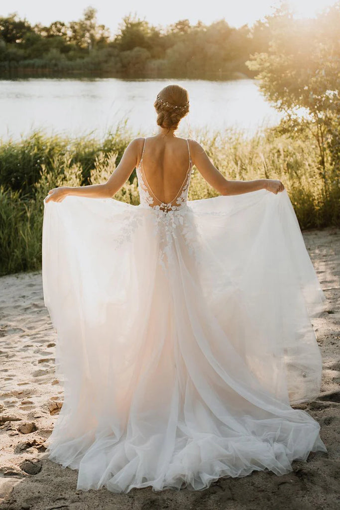 A Line V Neck Tulle Fairy Long Wedding Dress With Backless-Pgmdress