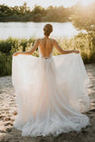A Line V Neck Tulle Fairy Long Wedding Dress With Backless-Pgmdress