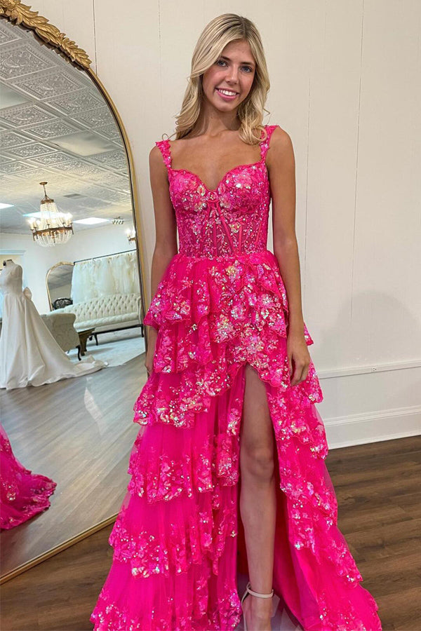 A Line Lace Tiered Stunning Prom Dress Evening Dress with Split US12 / Fuchsia