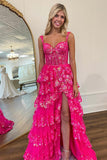 A Line Lace Tiered Stunning Prom Dress Evening Dress With Split PSK456-Pgmdress