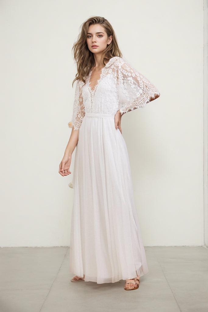 A Line V Neck Lace Short Sleeve Boho Wedding Dress Beach Bridal Gown-Pgmdress