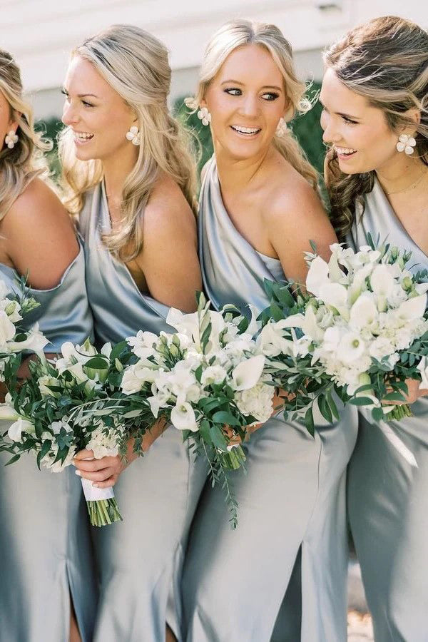 Asymmetrical Ruffle One Shoulder Bridesmaid Dresses with Slit BD141-Pgmdress