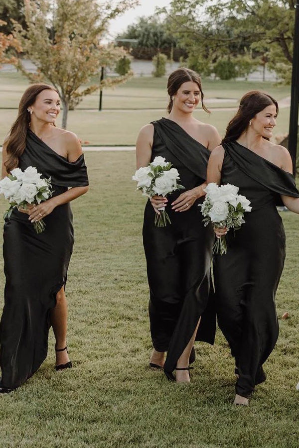 black one shoulder dress bridesmaid Asymmetrical Ruffle One Shoulder Bridesmaid Dresses with Slit BD141 US10 / Black