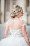 Ball Gown Elegant Cap Sleeves Lace Tulle Wedding Dress WD692-Pgmdress
