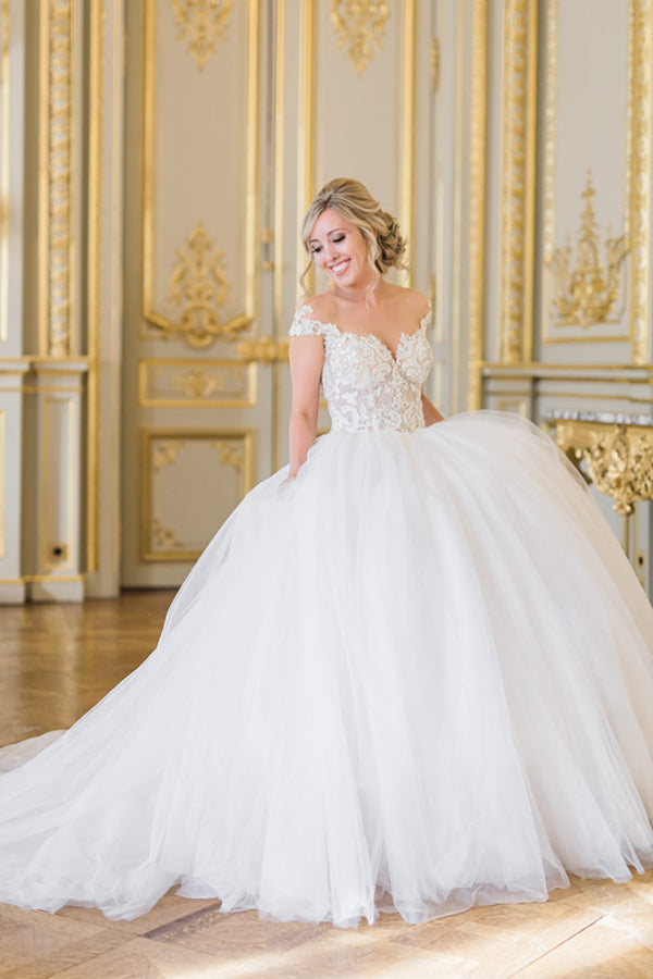 Ball Gown Elegant Cap Sleeves Lace Tulle Wedding Dress WD692-Pgmdress