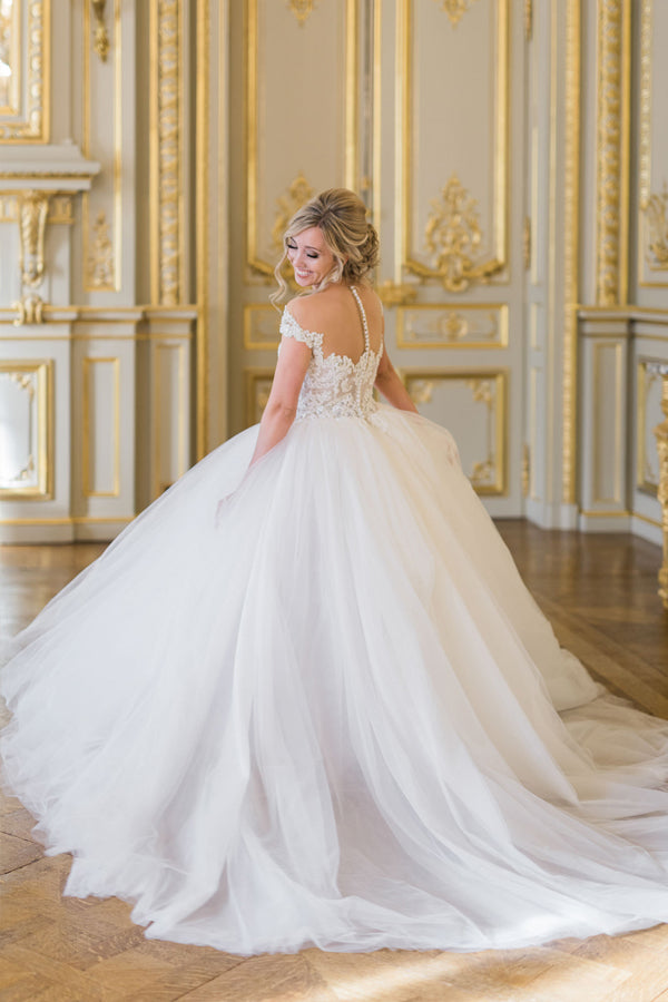 Ball Gown Elegant Cap Sleeves Lace Tulle Wedding Dress WD692-Pgmdress
