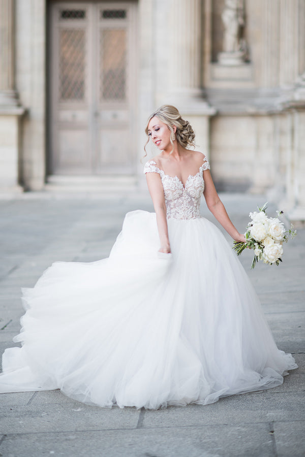 Ball Gown Elegant Cap Sleeves Lace Tulle Wedding Dress WD692-Pgmdress